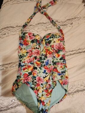 Seafolly Floral One Piece Swimsuit Ruched Halter Tie Bustier Style Size 10 us